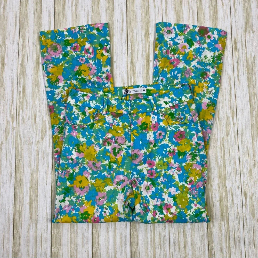 Zara Multicolor Floral Linen Blend Mini Flare Trouser Pants